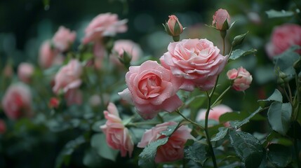 Close-up of delicate pink Floribunda roses against lush greenery.