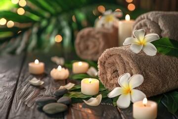 Fototapeta na wymiar Serene Spa Ambiance with Candles, Towels, and Tropical Flowers