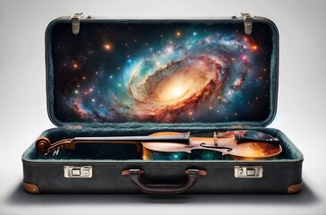 a musical instrument case opening to reveal a vibrant scene from outer space