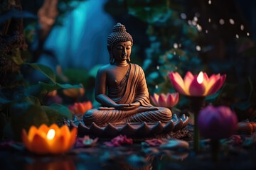 Buddha statue and magic lotus flowers in the garden at night. Buddha Purnima. Vesak day. Buddhist...