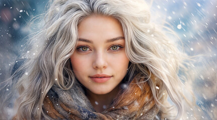 Beautiful smiling young woman in warm clothing. The concept of portrait in winter snowy weather. Women's beauty, fragrances and cosmetics.Abstract fashion concept horizontal copy space.