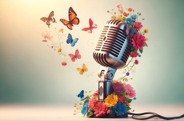 Fototapeta na wymiar a microphone adorned with flowers and butterflies