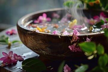 A serene spa setting with steam rising from a wooden bowl of hot water