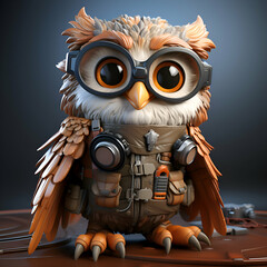 Fototapeta premium Cute cartoon owl with headphones and glasses. 3d illustration.