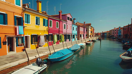 Colorful houses on the canal in Burano island Venice  - obrazy, fototapety, plakaty