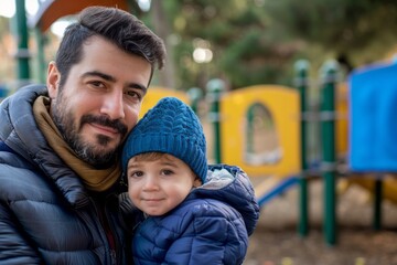 Happy father and little son playing and having fun over playground background