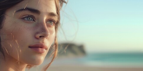Close up portrait of melancholic young woman thinking on the beach