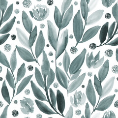 Watercolour floral in pastel grey green. Seamless pattern.  - 793831676