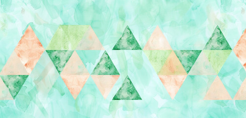 Refreshing mint and peach watercolor triangles blend on a turquoise base.