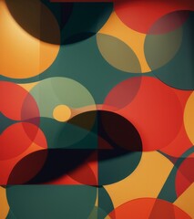 A retro pattern with circles and geometric shapes, in bold colors like reds, yellows, greens, blues, and browns