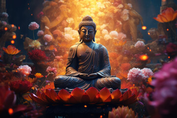 Buddha statue with lotus flower in the garden at night. Buddha Purnima. Vesak day. Buddhist Holiday background