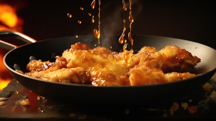 Fried chicken nuggets in a frying pan with hot oil in the kitchen room. - obrazy, fototapety, plakaty