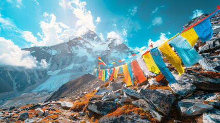 Colorful prayer flags on Thokla pass Everest Base Camp