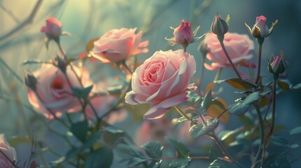 Graceful Floribunda roses swaying in a gentle morning breeze.