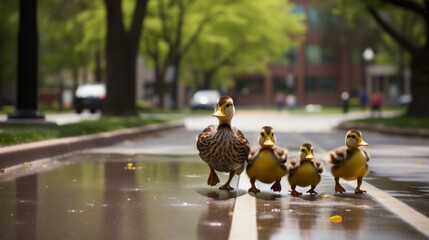 A charming group of ducks stand gracefully on the side of a road, showcasing their beautiful feathers and serene presence