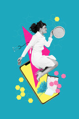 Vertical image collage picture happy joyful woman jump doctor nurse smartphone online examination medical pharmacy therapy