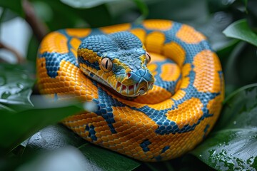 Obraz premium Burmese Python: Coiled around a tree branch with a distinctive pattern, representing exoticism.