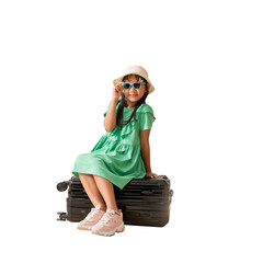 Happy smiling asian little girl were hat and sunglasses posing with sitting on a suitcase, Travel...