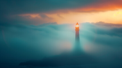 Lighthouse at Sunset for Guides Travelers to Protected Beach, Seascape, Design template navigational and travel concept