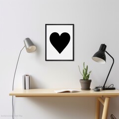 A picture with a black and white heart on the wall. Home interior with picture on the white wall
