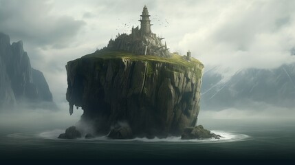 AI generated illustration of a castle on a cliff in the vast ocean - obrazy, fototapety, plakaty