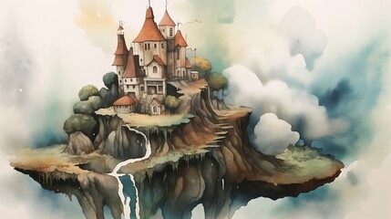 AI generated illustration of a castle on a cliff with a waterfall - obrazy, fototapety, plakaty
