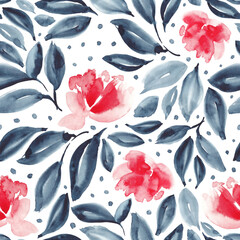 Watercolour floral in red and indigo. Seamless pattern.  - 793833052