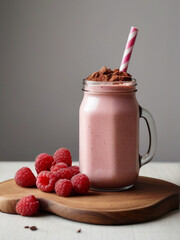 A  glass jar full of  creamy raspberry banana smoothie with cacao powder - obrazy, fototapety, plakaty