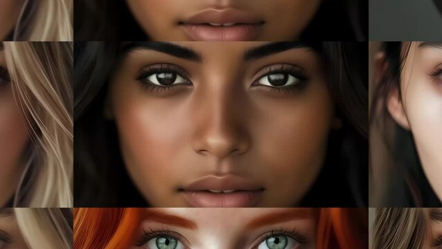 Human female faces composition timelapse. Diversity and uniqueness concept. Close up on faces looking into the camera