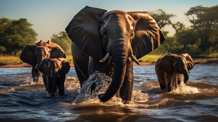 A majestic herd of elephants gracefully walking across a river