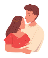 Obraz premium Love tenderness and romantic feelings concept. Young loving smiling couple boy and girl standing hugging embracing each other feeling in love vector illustration