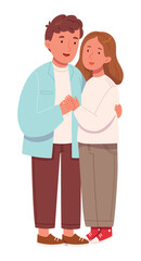 Love tenderness and romantic feelings concept. Young loving smiling couple boy and girl standing hugging embracing each other feeling in love vector illustration