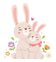 Rabbits hug.Two lovely cartoon rabbits. Happy animals.Hug Day.