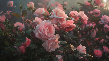 Pink Floribunda roses bathed in the soft light of dawn.