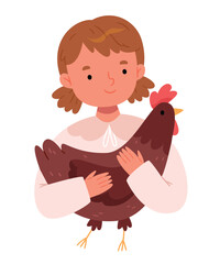 Little child girl is holding the hen on the farm.Hug Day. The concept of veganism.