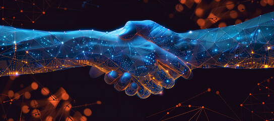 Digital handshake between two individuals, Digital Technology, Artificial Intelligence, big data, design, futuristic, cyber, connection, teamwork, background