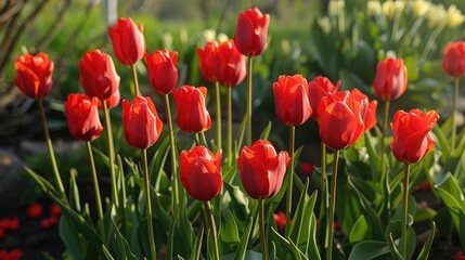 Red tulips bloom in the garden during spring