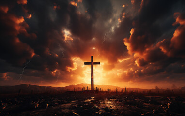 Large cross standing in the middle of a field. Generative AI - obrazy, fototapety, plakaty
