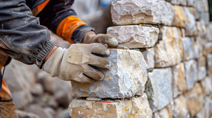 Worker or mason hands laying bricks. Bricklayer works at brick row. Brickwork on construction site