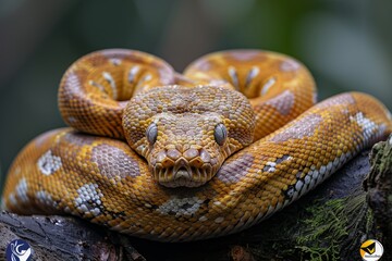 Burmese Python: Coiled around a tree branch with a distinctive pattern, representing exoticism.