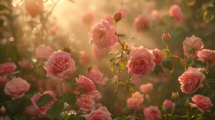 Sunlight filtering through layers of pink rose blossoms.