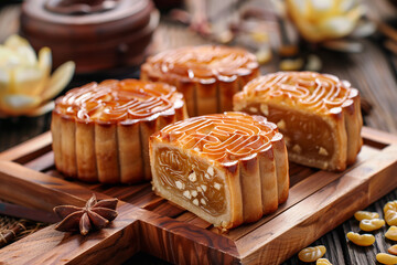 Traditional Chinese  dessert. Homemade baked mooncakes filled with nuts and dried fruits, Chinese Mid-Autumn Festival food.