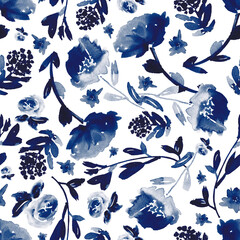 Watercolour floral in dark navy and white. Seamless pattern. 