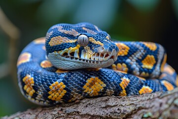 Fototapeta premium Burmese Python: Coiled around a tree branch with a distinctive pattern, representing exoticism.