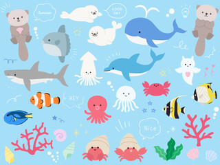 かわいい海の生き物のベクターイラストセット。海、水族館