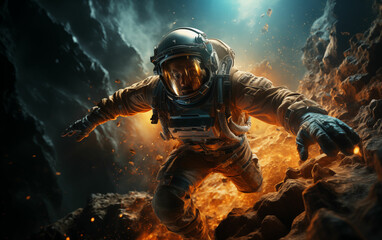 Astronaut in space suit standing in cave. Generative AI