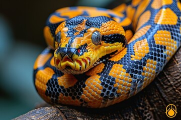 Obraz premium Burmese Python: Coiled around a tree branch with a distinctive pattern, representing exoticism.