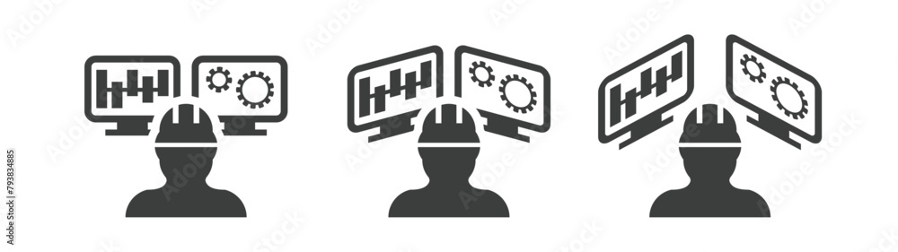 Poster engineer project management concept with industrial worker man using computer and wearing helmet ico
