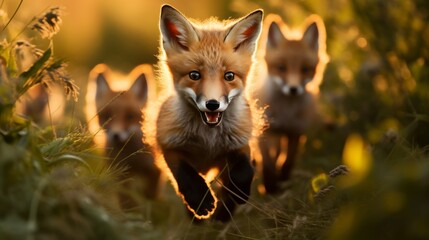 A mesmerizing scene of a group of foxes playfully running through lush green grass