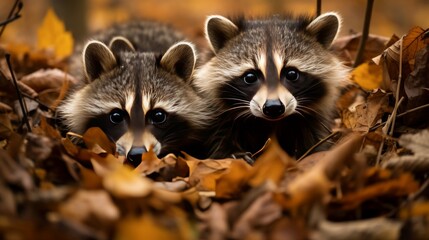 Two raccoons of similar size standing side by side in a forest setting